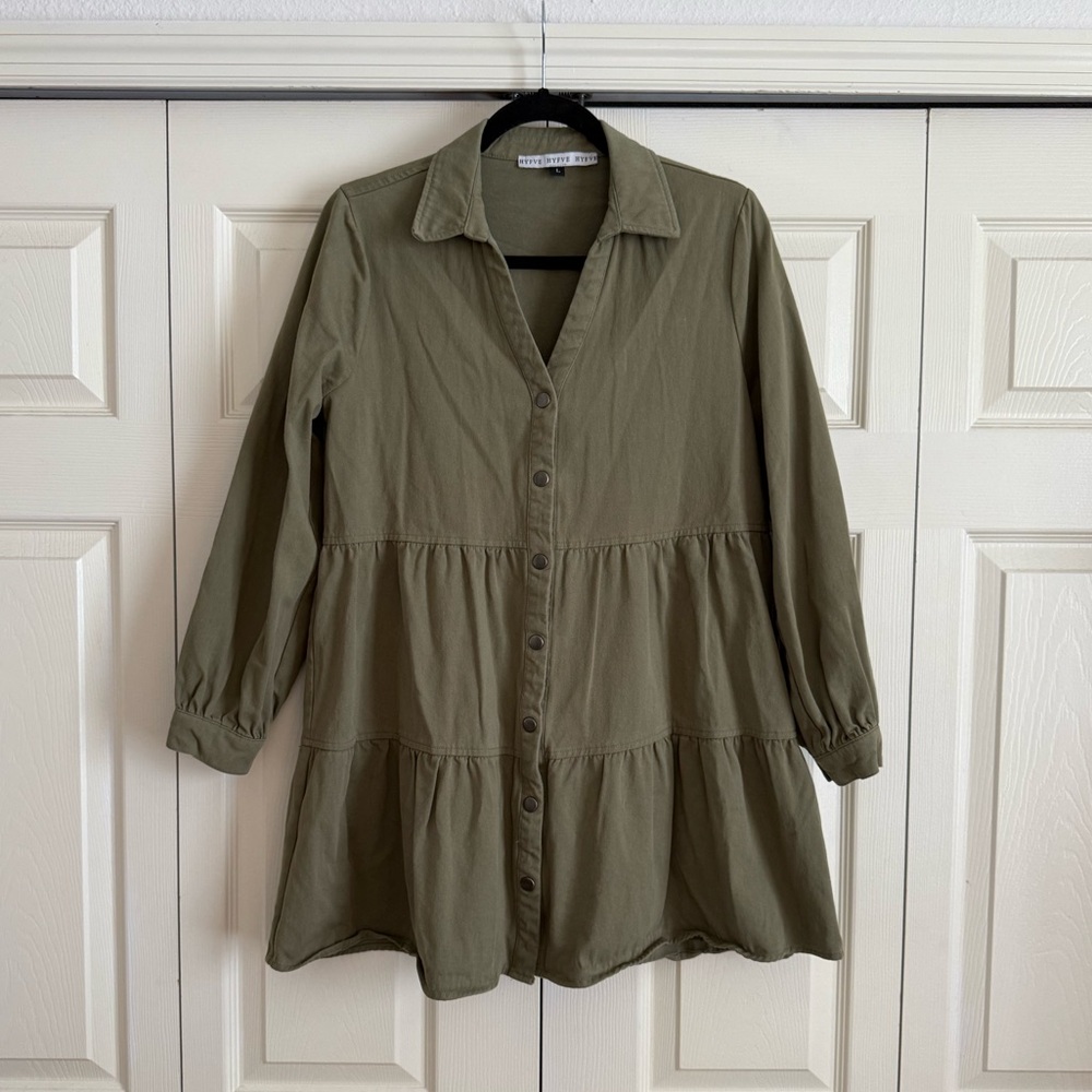 Olive Green Button-Up Tiered Dress